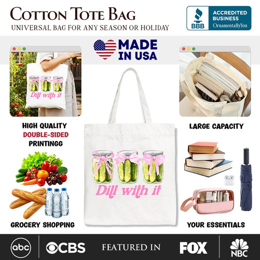 Coquette Dill With It Funny Canvas Tote Bag, Pink Bow Pickle Lover Gift Shopper for Cute and Quirky Style Fans