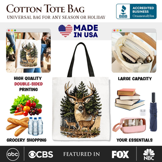 Forest Deers Vintage Grunge Canvas Tote Bag, Retro Hunter Gift Shopper