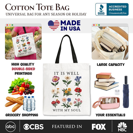 It Is Well With My Soul Christian Floral Canvas Tote Bag, Gift With Bible Verse Design