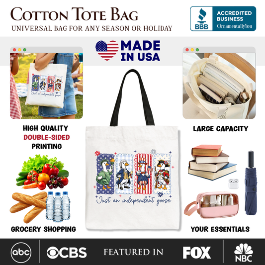 Just An Independent Goose Patriotic Tote Bag, Funny 4th of July Gift Shopper