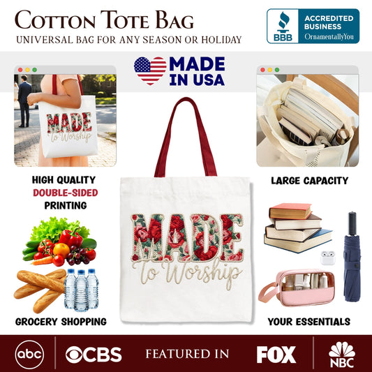 Made to Worship Printed Faux Yarn Crochet Christian Tote Bag, Floral Retro Faith Gift Shopper