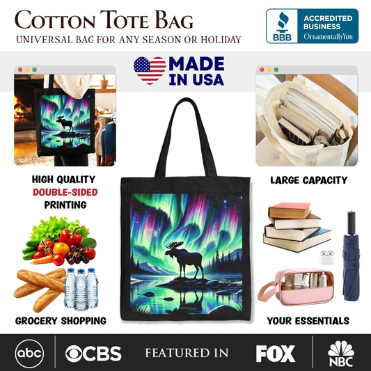 Majestic Moose Under Northern Lights Canvas Tote Bag, Gift Shopper for Enchanted Christmas