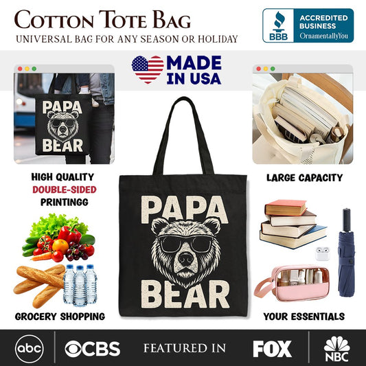 Papa Bear Sunglasses Canvas Tote Bag, Black Vintage Gift Shopper for Cool Dads