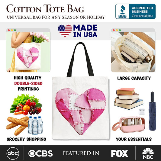 Patchwork-Style Pink Heart Canvas Tote Bag, Vintage Valentine Coquette Love Printed Gift Bag