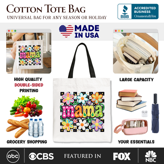 Retro Floral Mama Printed Faux Yarn Tote Bag, Colorful Mother's Day Gift Shopper