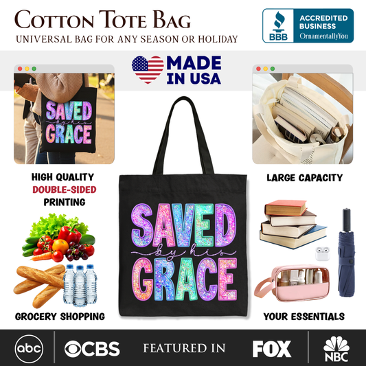 Saved By His Grace Printed Faux Sequin Christian Tote Bag, Religious Love Gift Shopper