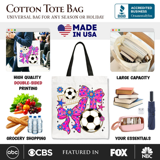 Soccer Coquette Pink Bow Tote Bag, Preppy Game Day Gift Shopper