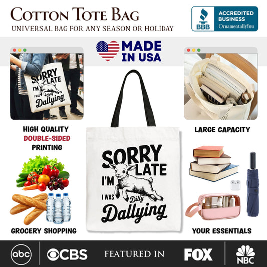 Sorry I'm Late Funny Lamb Tote Bag, Retro Dilly Dallying Gift Shopper for Quirky Women