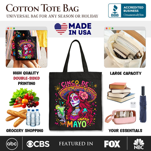 Sugar Skull Girl Cinco De Mayo Tote Bag, Mexican Margarita Sombrero Gift Shopper