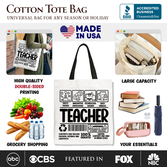 Teacher Label Tote Bag, Funny Barcode Gift Shopper for Dedicated Educators