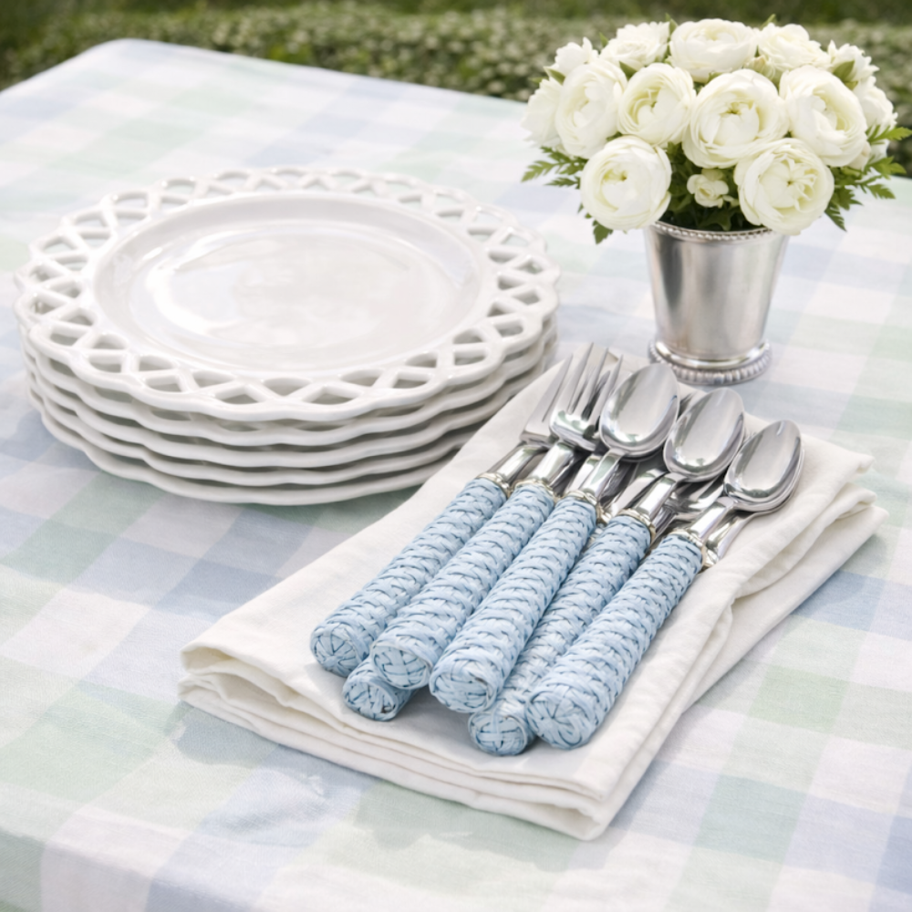 Soft Blue Basketweave Five Piece Flatware Set
