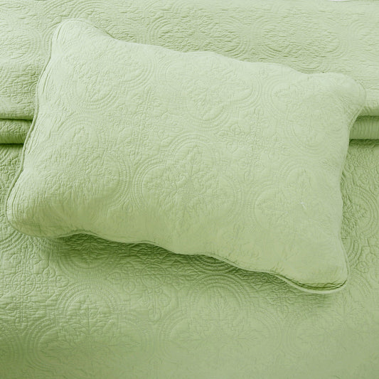 Serenity Green Victorian Scalloped Medallion Floral Pure Solid Cotton Reversible Quilt Bedding Set