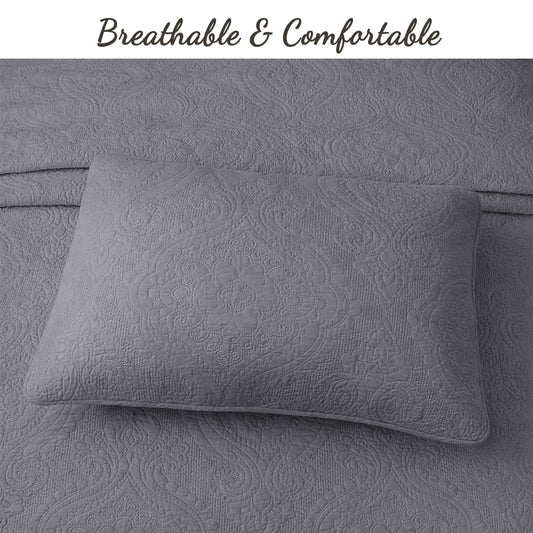 Solid Gray Chic Brocade Matelassé Medallion Floral 3 Piece Cotton Reversible Quilt Bedding Set