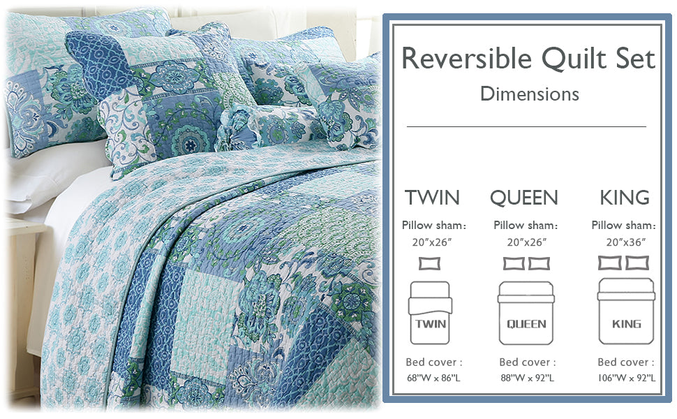 Windfall Blue Print Patchwork Cotton Reversible Quilt Bedding Set
