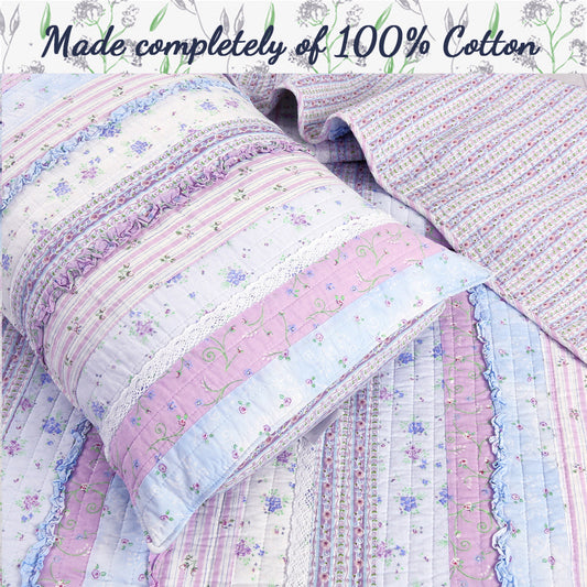 Romantic Chic Lace Ruffle Lavender Purple Real Patchwork Cotton Reversible Quilt Bedding Set