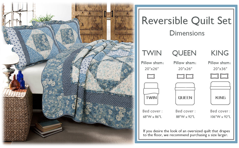 Moyers Blue Ruffle Real Patchwork Scalloped Edge Cotton 3-Piece Reversible Quilt Bedding Set