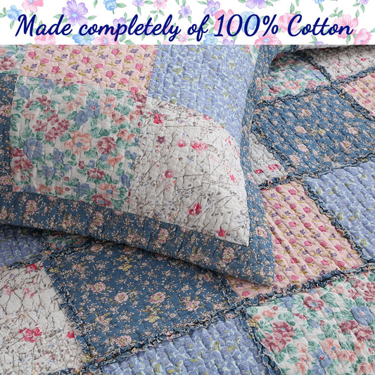 Mraz Blue Pink Ruffle Real Patchwork Cotton 3-Piece Reversible Quilt Bedding Set