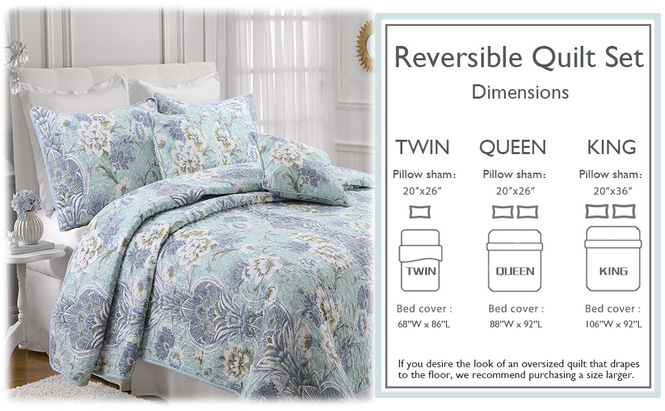 Porcelain Vase Cotton 3-Piece Reversible Quilt Bedding Set