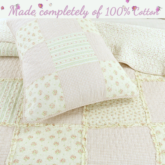 Sweet Peach Pink Floral Ruffle Scalloped Real Patchwork Cotton Reversible Quilt Bedding Set