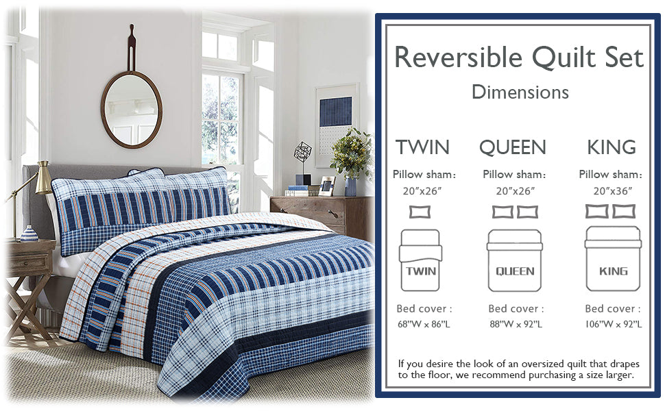 Salina Navy Stripped Plaid Print Patchwork Cotton Reversible Quilt Bedding Set