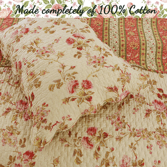 Vintage Rose Floral Cotton Quilted Scalloped 3-Piece Reversible Quilt Bedding Set