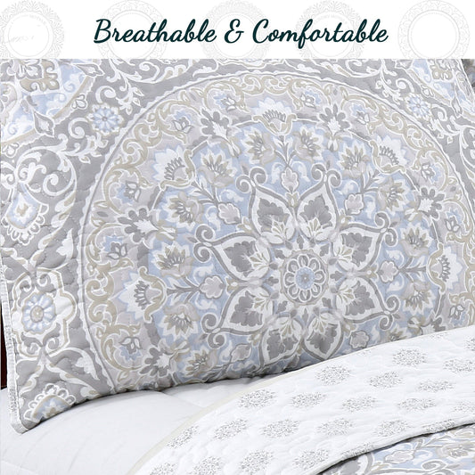 Venetia Gray Medallion 3-Piece Reversible Quilt Bedding Set