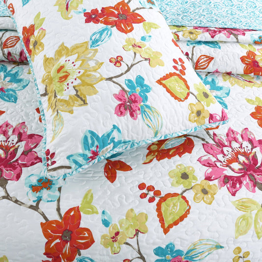 Vivid Tropical Colorful Anemone Floral Garden Print 3-Piece Reversible Quilt Bedding Set