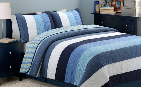 Sophisticated Shades of Ocean Blues Stripped Cotton Reversible Quilt Bedding Set