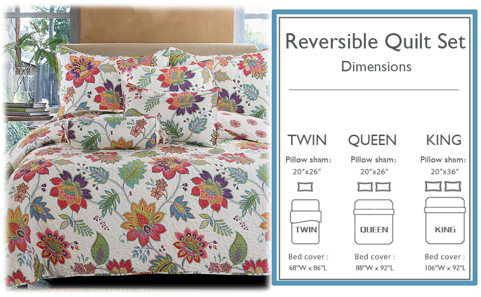 Spring Blossom Floral 3-Piece Reversible Quilt Bedding Set