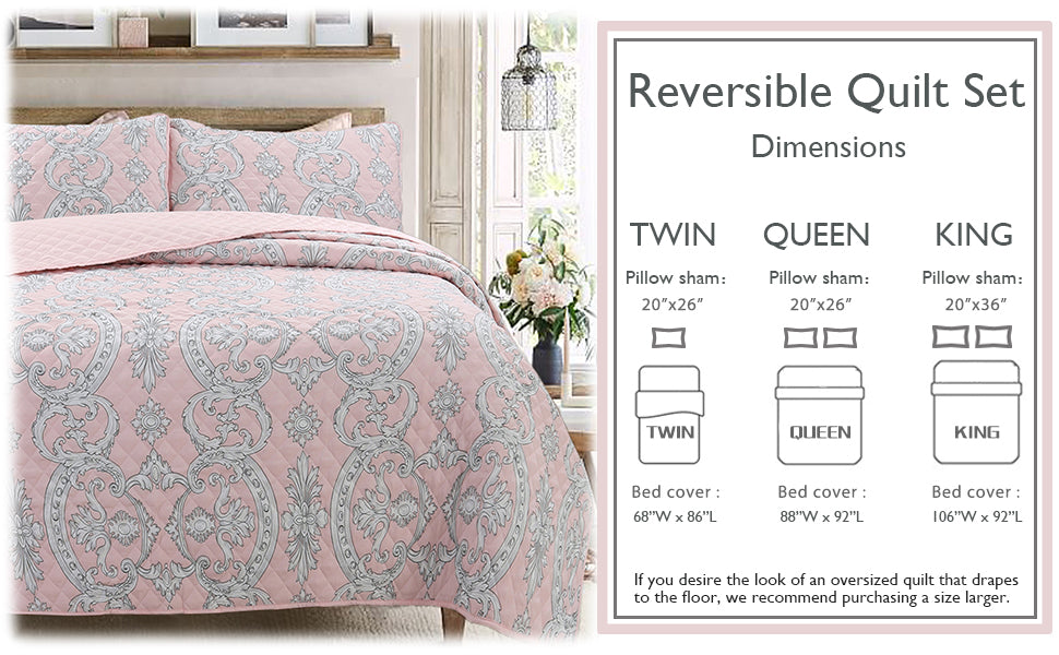 Millennial Pink Floral Majesty Medallion Queen 3-Piece Reversible Quilt Bedding Set