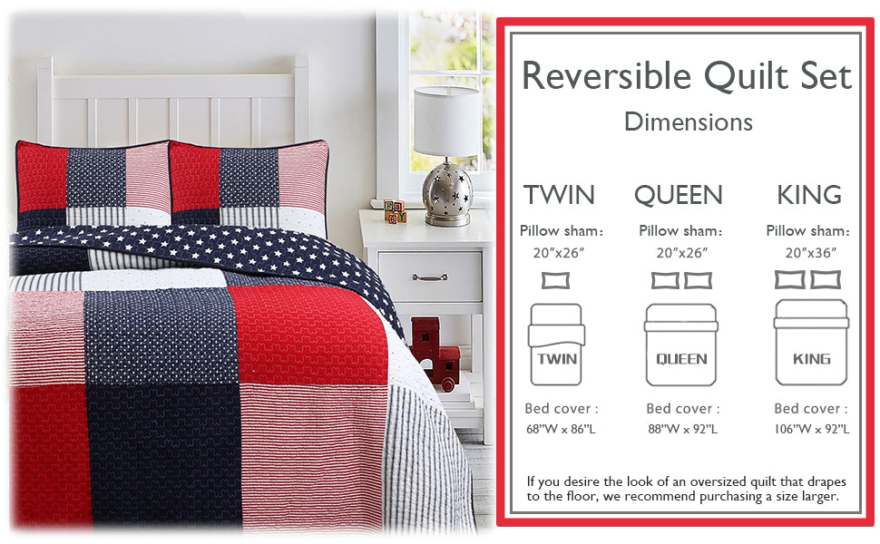 a bed with a quilt and a lamp on a nightstand