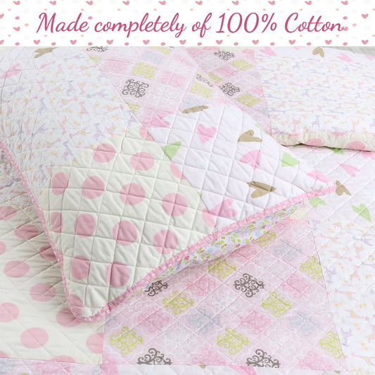 Pink Heart Floral Dot Giraffe Medallion Real Patchwork Cotton Reversible Quilt Bedding Set