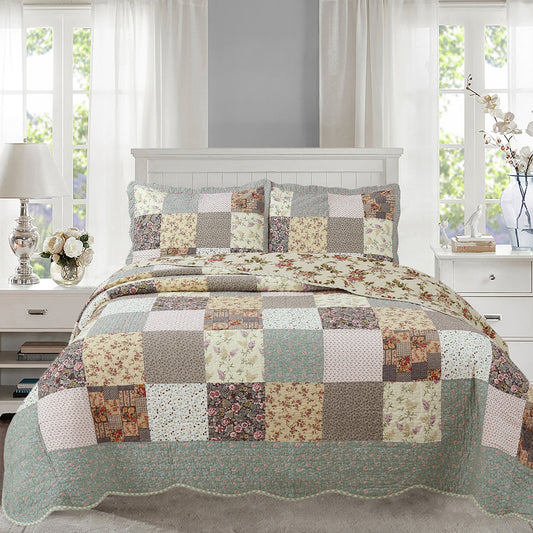 Country Floral Chic Scalloped Real Patchwork Cotton 3-Piece Quilt Bedding Set