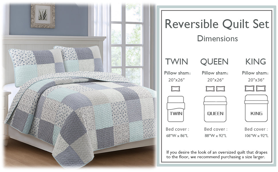 Subtle Cozy Blue Checker Cottage Floral Stripe Cotton 3 Piece Patchwork Quilt Bedding Set