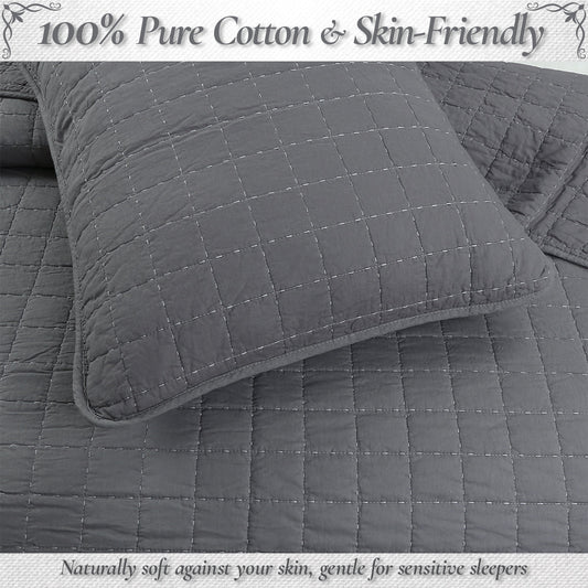 Solid Chic Gray Square Gingham Checkered 3 Piece Cotton Reversible Quilt Bedding Set