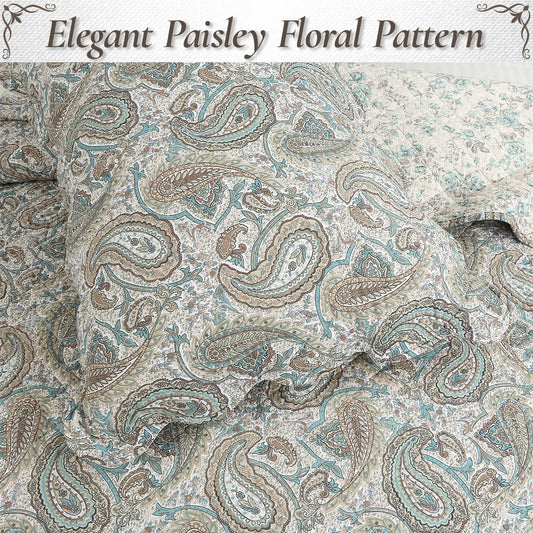 Aquamarine Turquoise Tan Brown Paisley 3 Piece Cotton Quilt Bedding Set