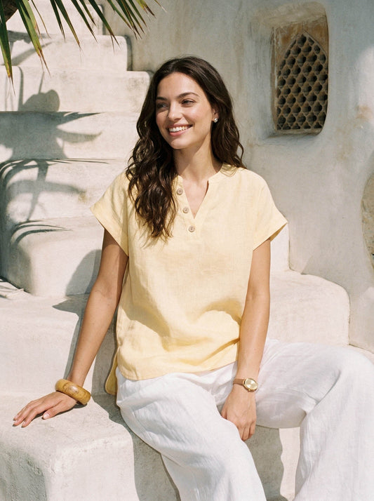 100% Linen Stand-Collar Curved-Hem Top CRESSA