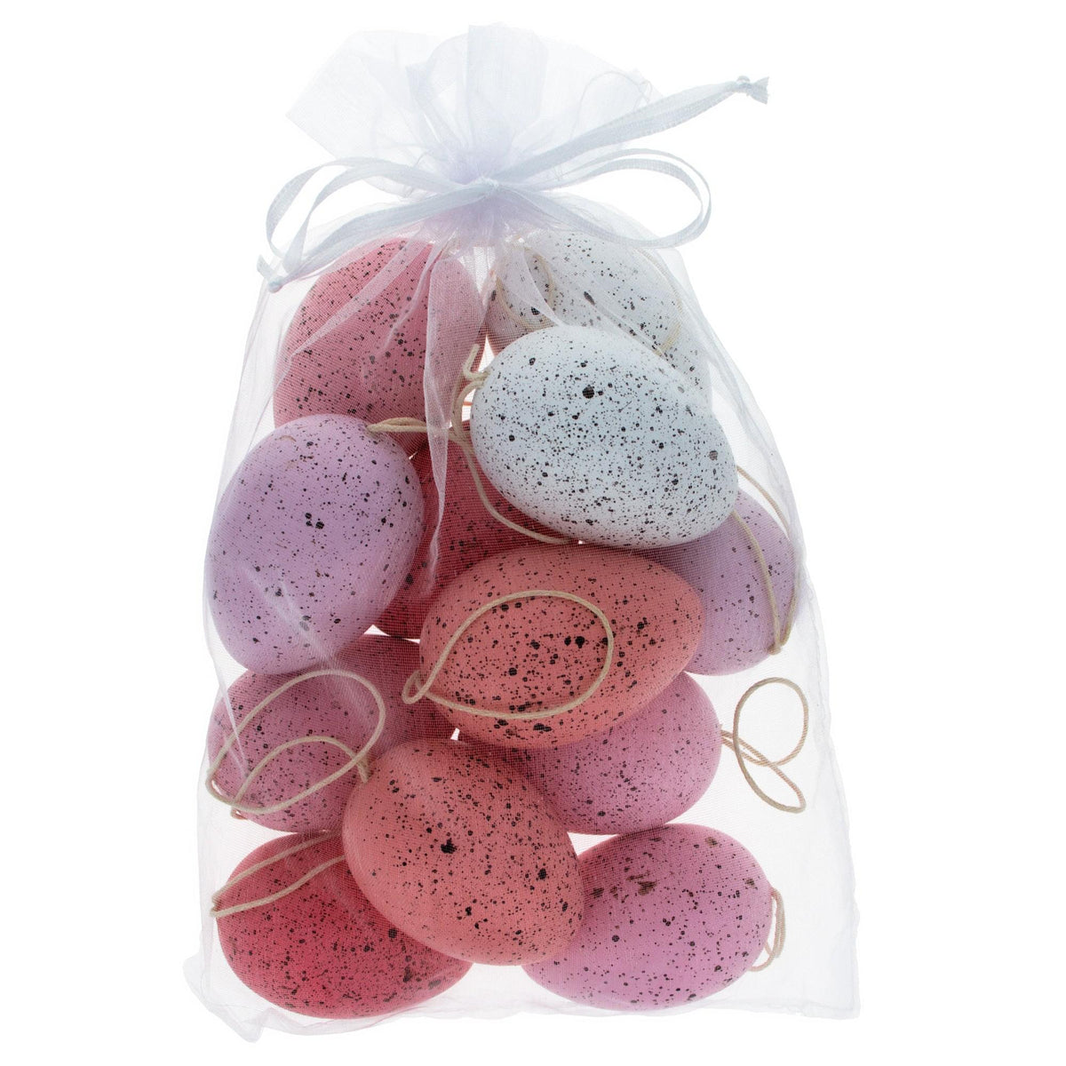 a bag of pink and white speckled eggs
