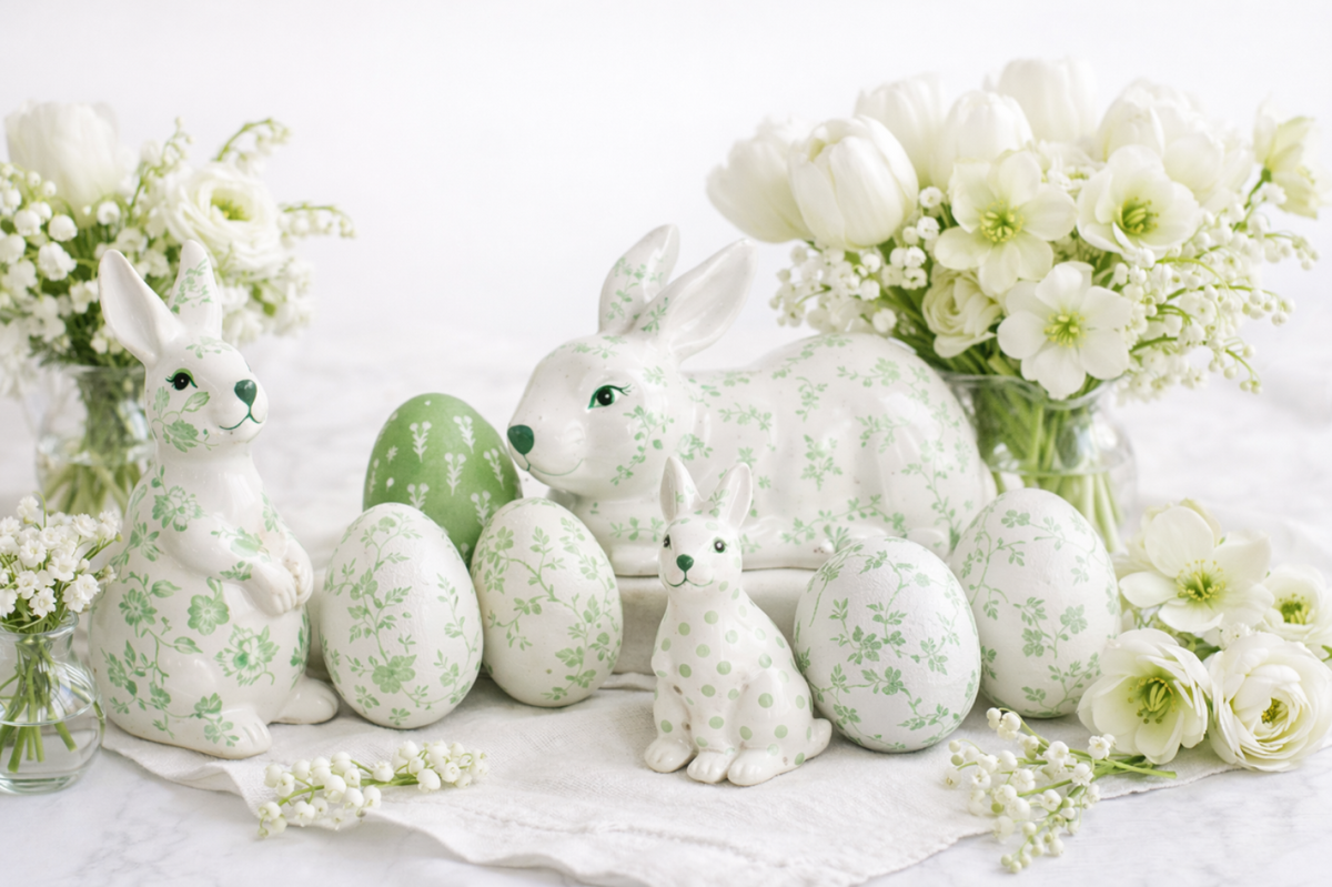 Set of 3 Green and White Porcelain Bunnies
