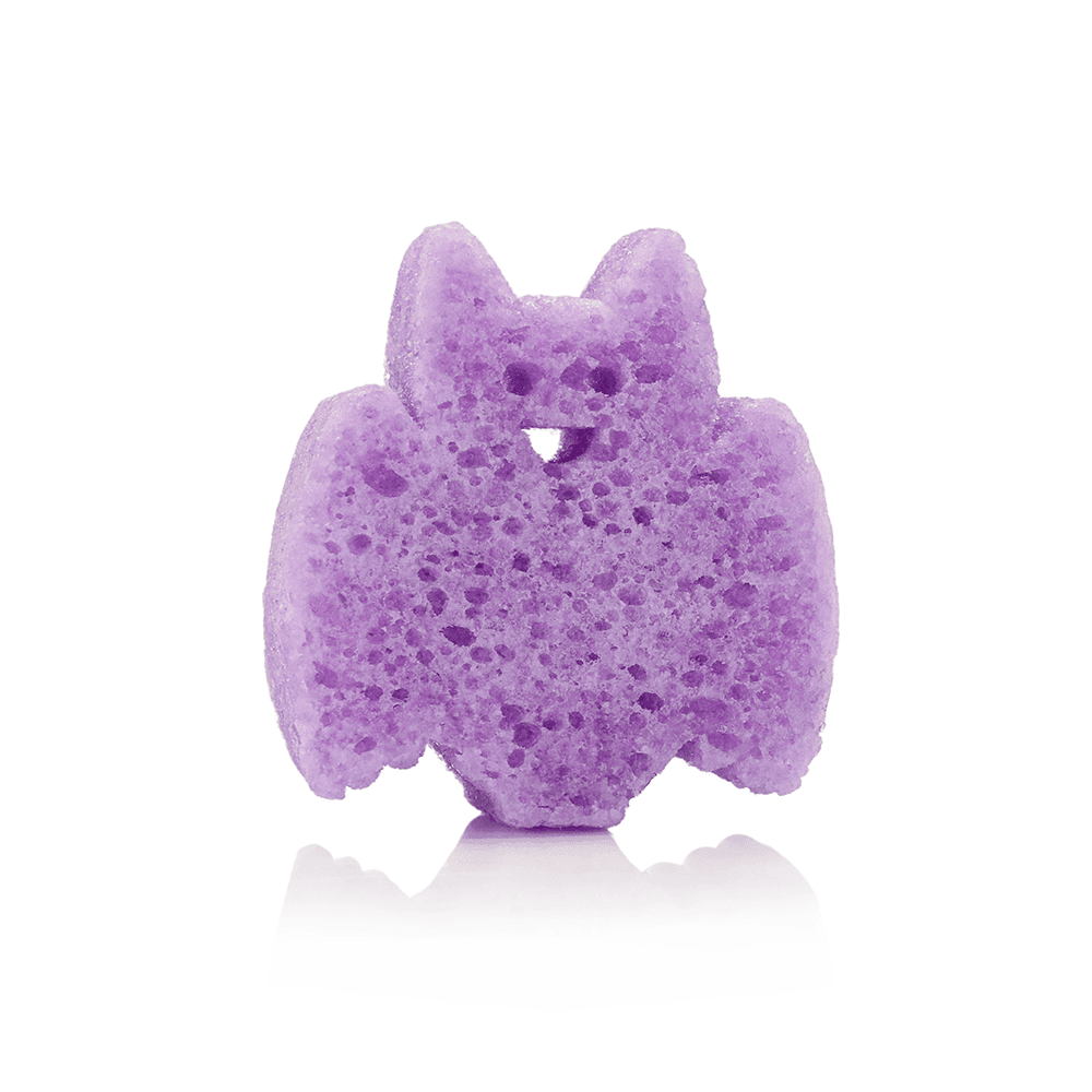 a purple sponge shaped like a bat