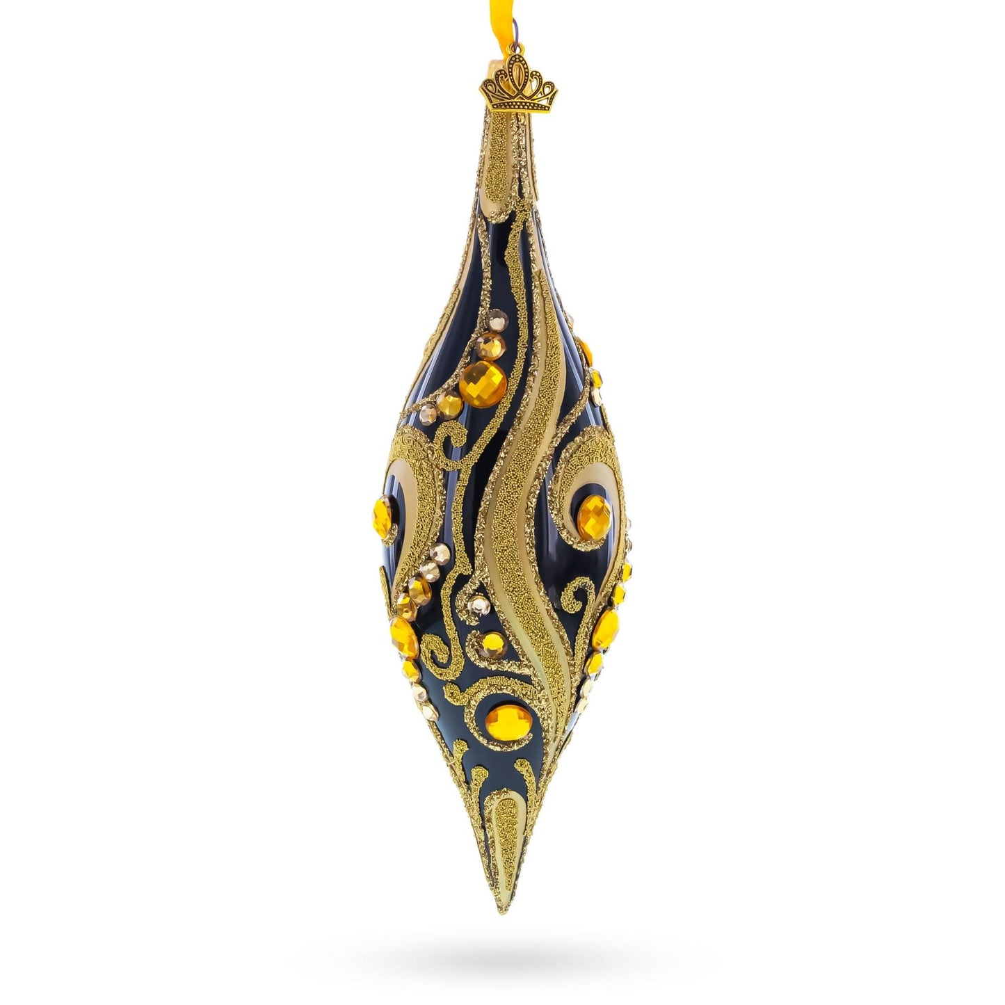 Black & Gold Jeweled Swirl Elongated Pointed Teardrop Finial Glass Christmas Ornament