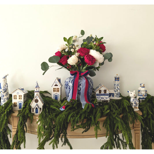 Blue and White Toile Christmas Village 3-Piece Set with 22K Gold Accents