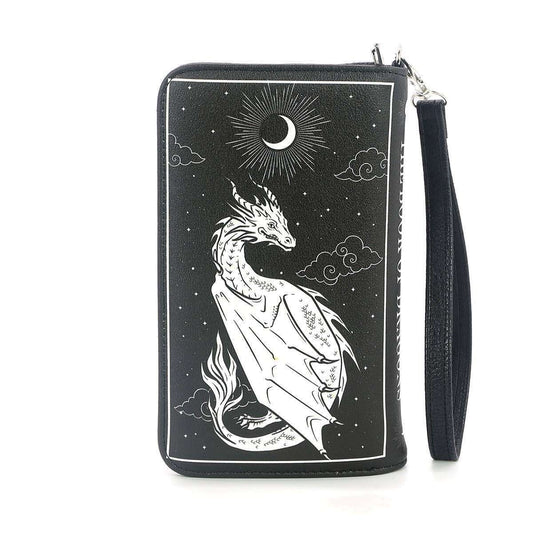a black wallet with a dragon and moon