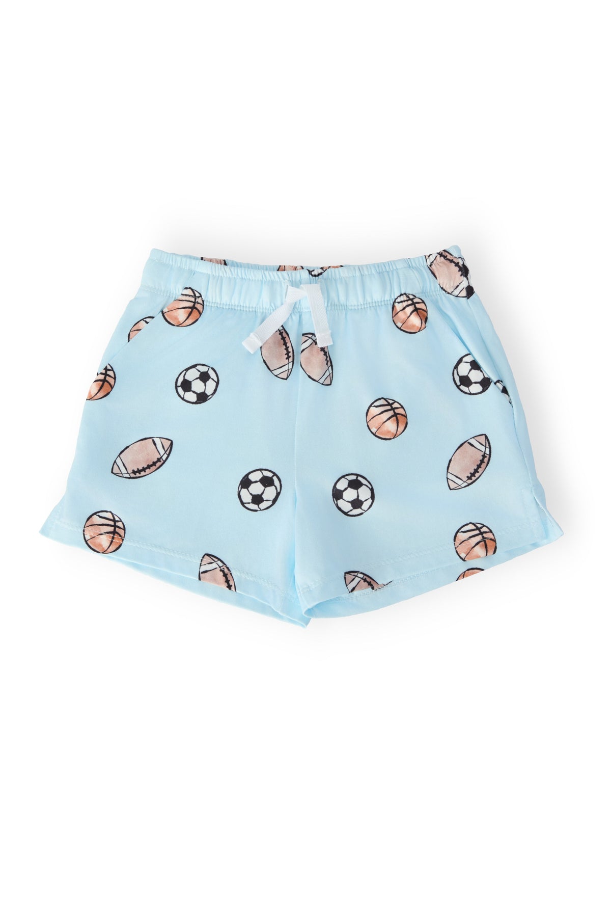 a pair of blue shorts with football balls on them