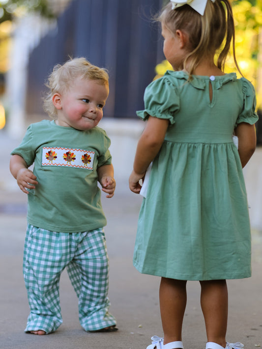 Fall Thanksgiving Chicken Smock Embroidered Green Baby Girl Dress