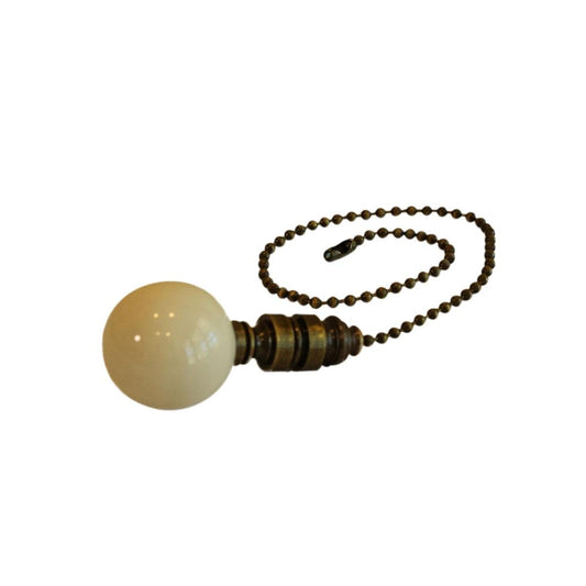 Ceramic 35mm Ivory Ball Ceiling Fan Pull, 2"h with 12" Antiqued Brass Chain