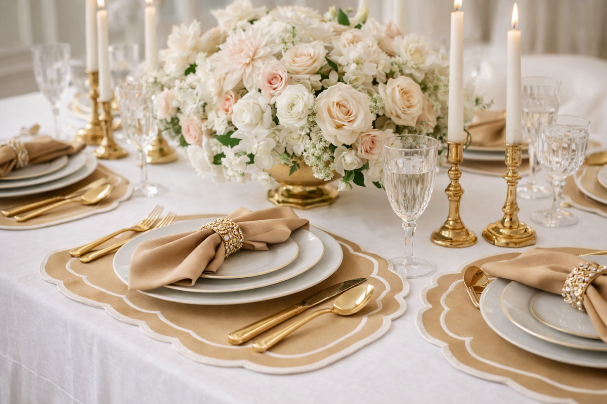 Charleston Tan & White Placemat & Napkin