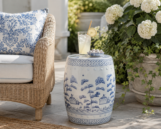 a blue and white porcelain table with a drink on it