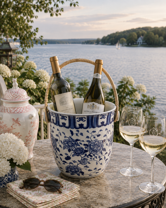 a wine bucket and glasses on a table with water in the background