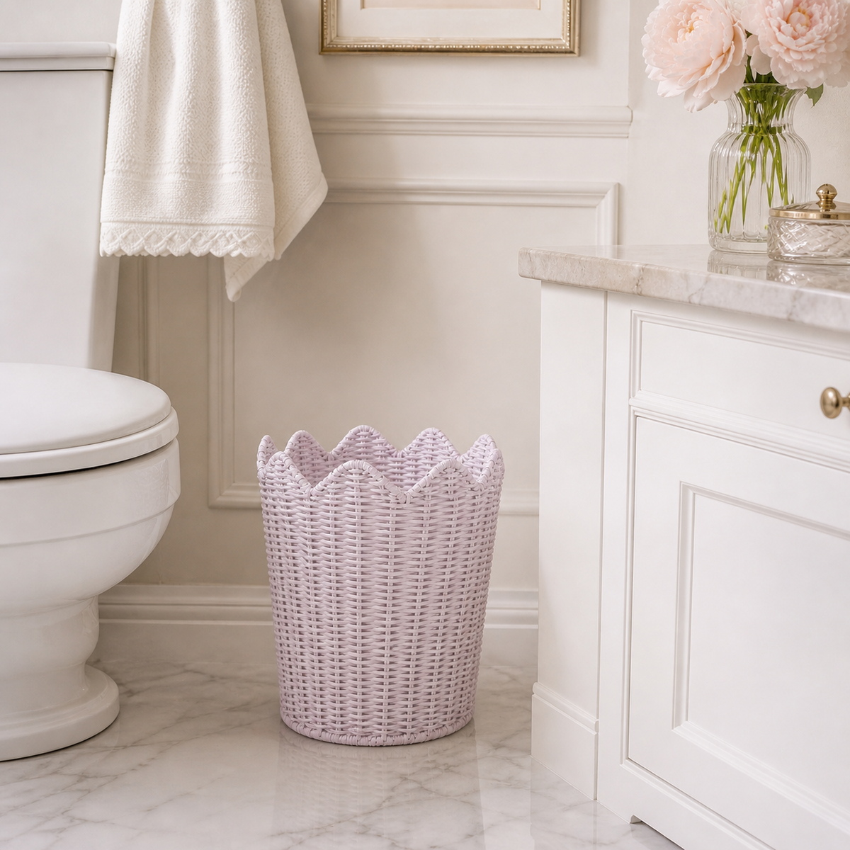 Pale Pink Scalloped Wicker Wastepaper Basket & Tissue Holder (2 Options)